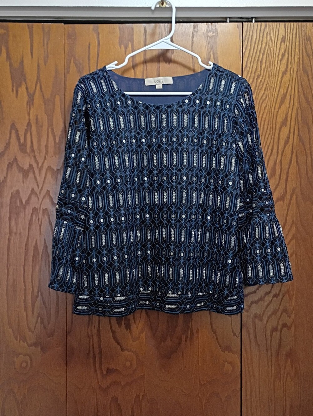 Loft Navy Lace Overlay Bell-Sleeve Top